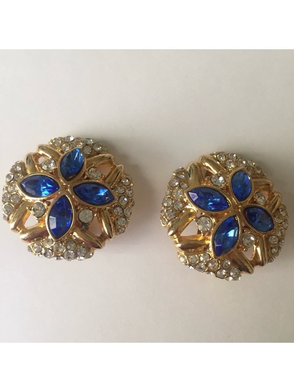 EARRINGS CLIPS OCCASION BLUE FACETED CLEAR ROUND CRYSTAL OCTAGON GOLD PLATE